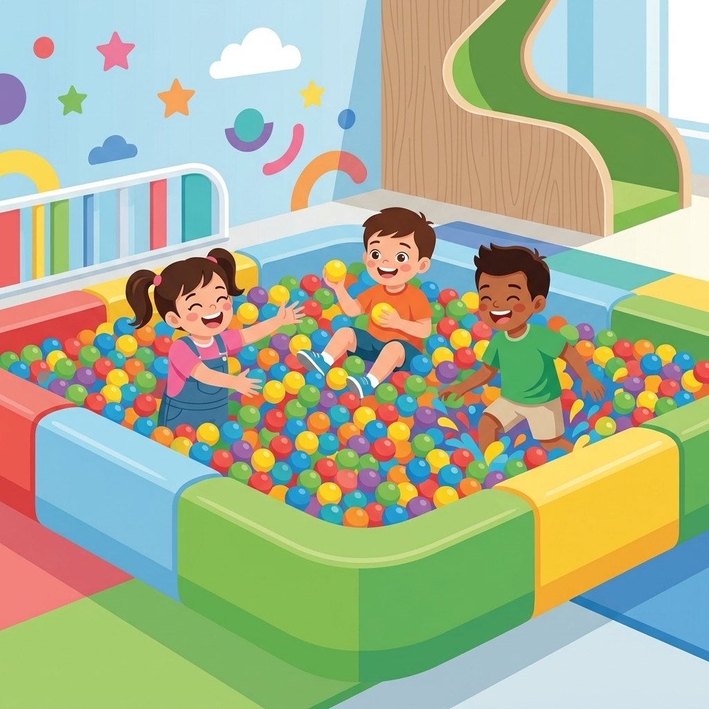 Ilustrație de brand: Copii jucându-se fericiți în piscina cu bile colorate