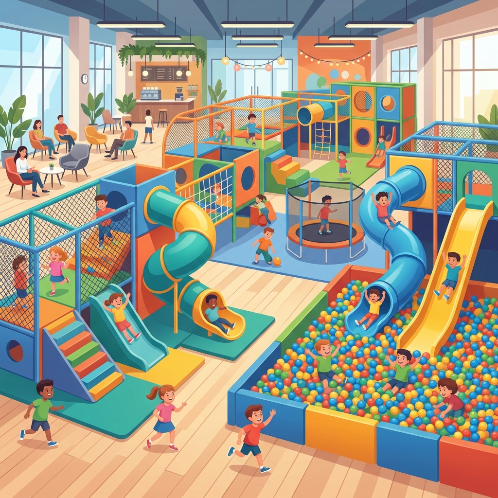 Ilustrație de brand: Vedere de ansamblu loc de joacă interior modern